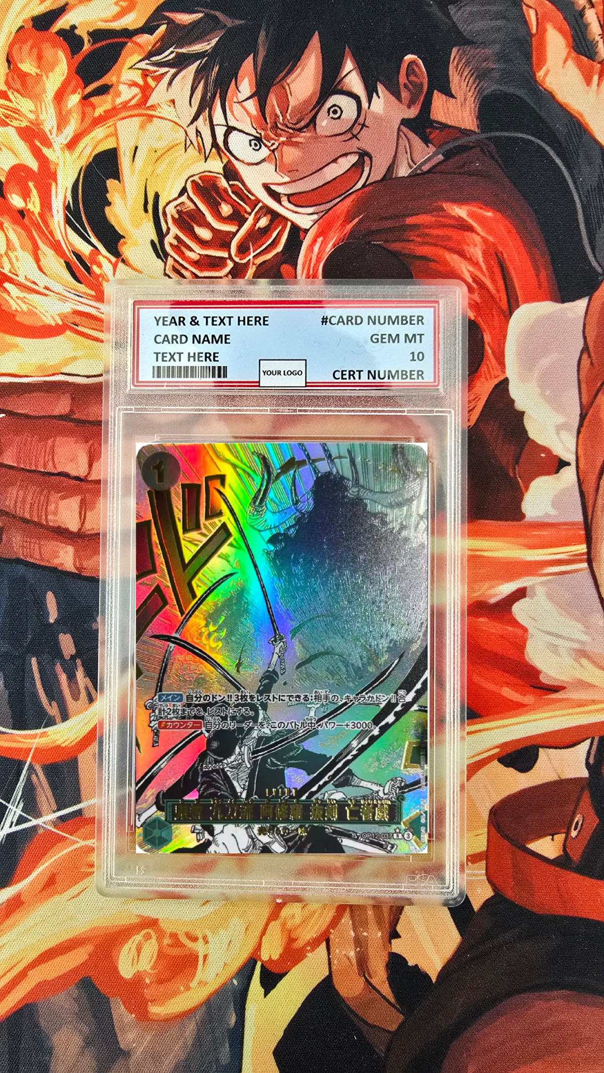 Graded PSA Style Manga Event Zoro Demon Aura Nine Sword Style Asura Blades Drawn Dead Man's Game OP12-037 Parallel Legacy Of The Master One Piece Card Japanese Proxy Slab