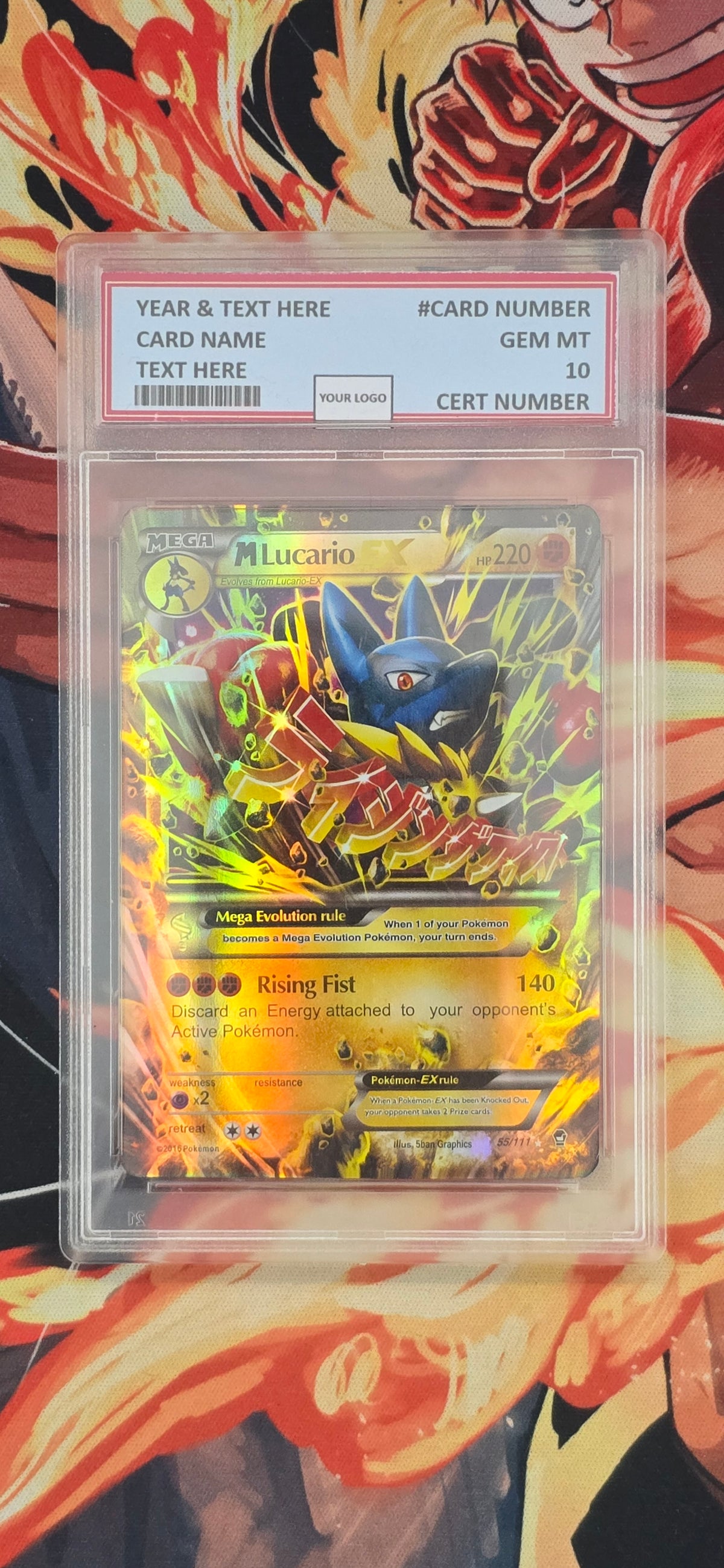 Graded PSA Style Mega Lucario EX 55/111 Furious Fists XY Holo Pokemon Proxy Card Slab