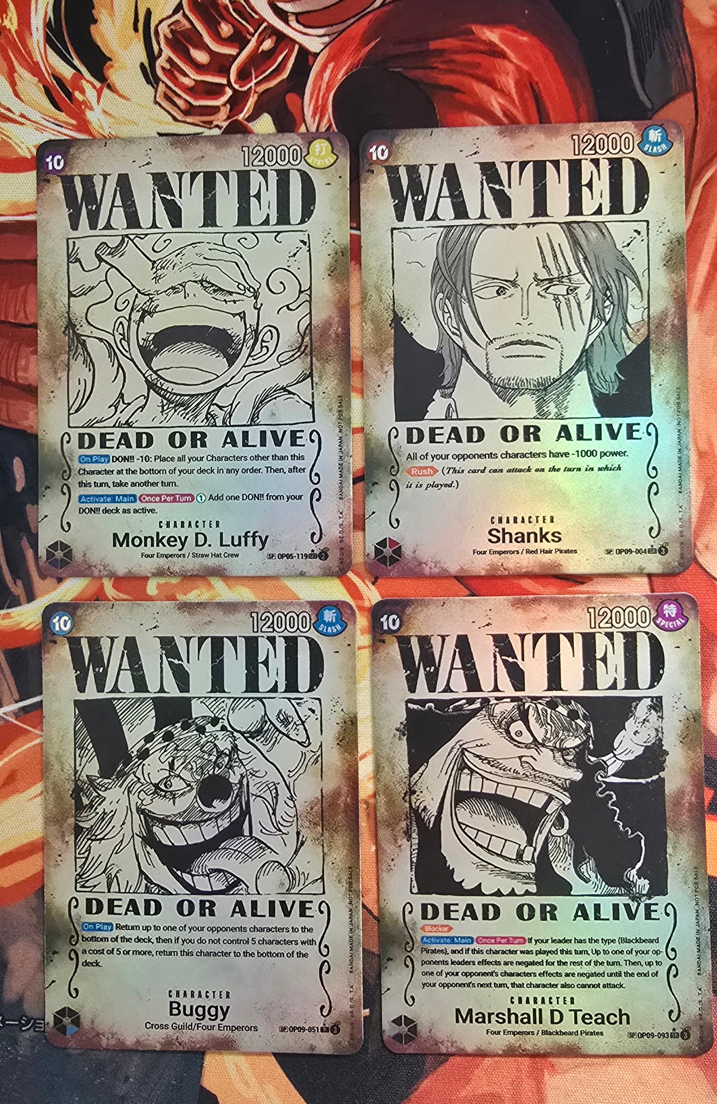 4 Card Bundle: SP Wanted One Piece Cards TCG Cards! Monkey D Luffy Gear 5, Blackbeard, Shanks & Buggy! Textured High Quality Premium Promo OP English Proxy OP09 OP05