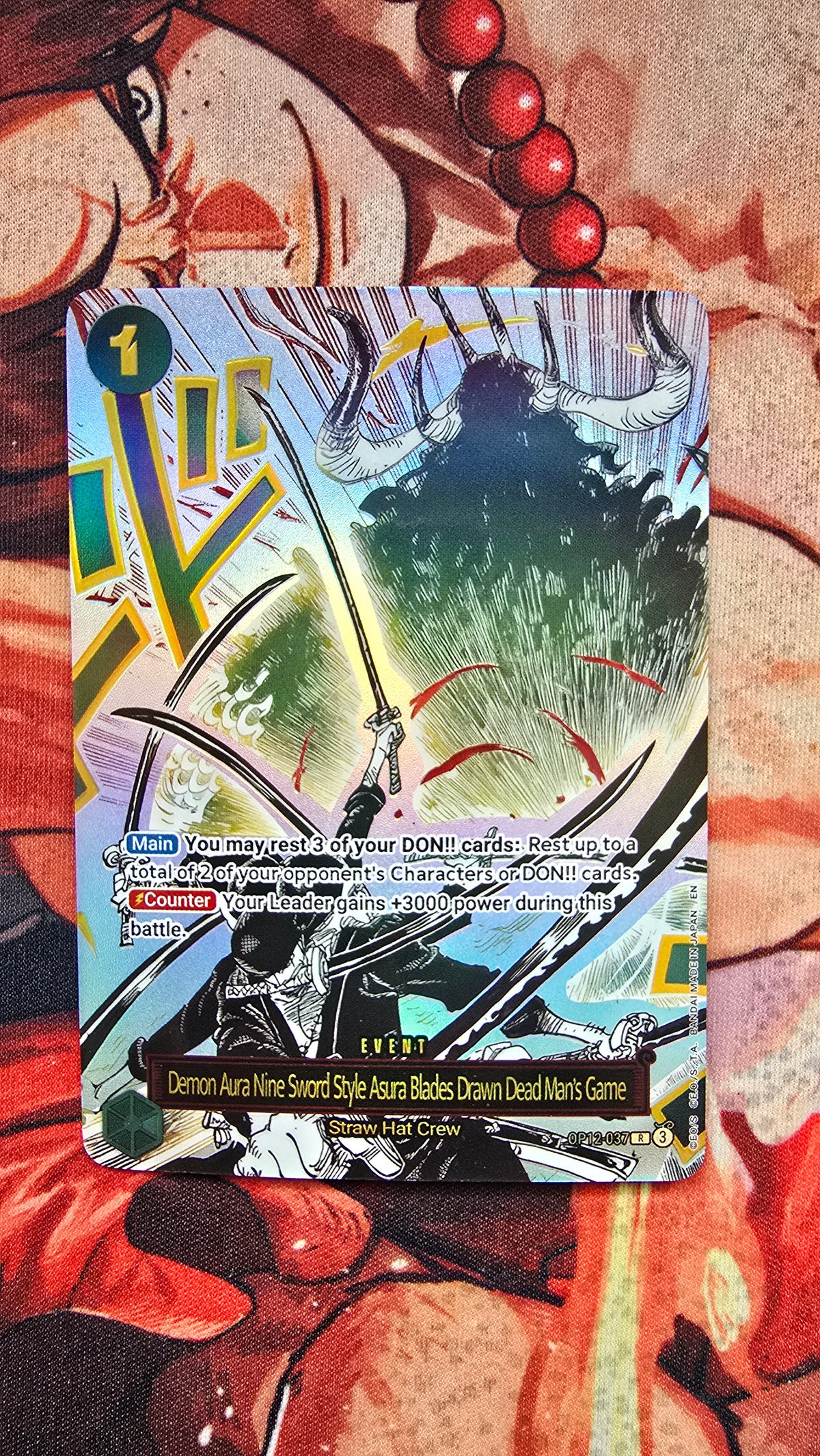 OP12 Manga Event Zoro Demon Aura Nine Sword Style Asura Blades Drawn Dead Man's Game One Piece Card English Proxy