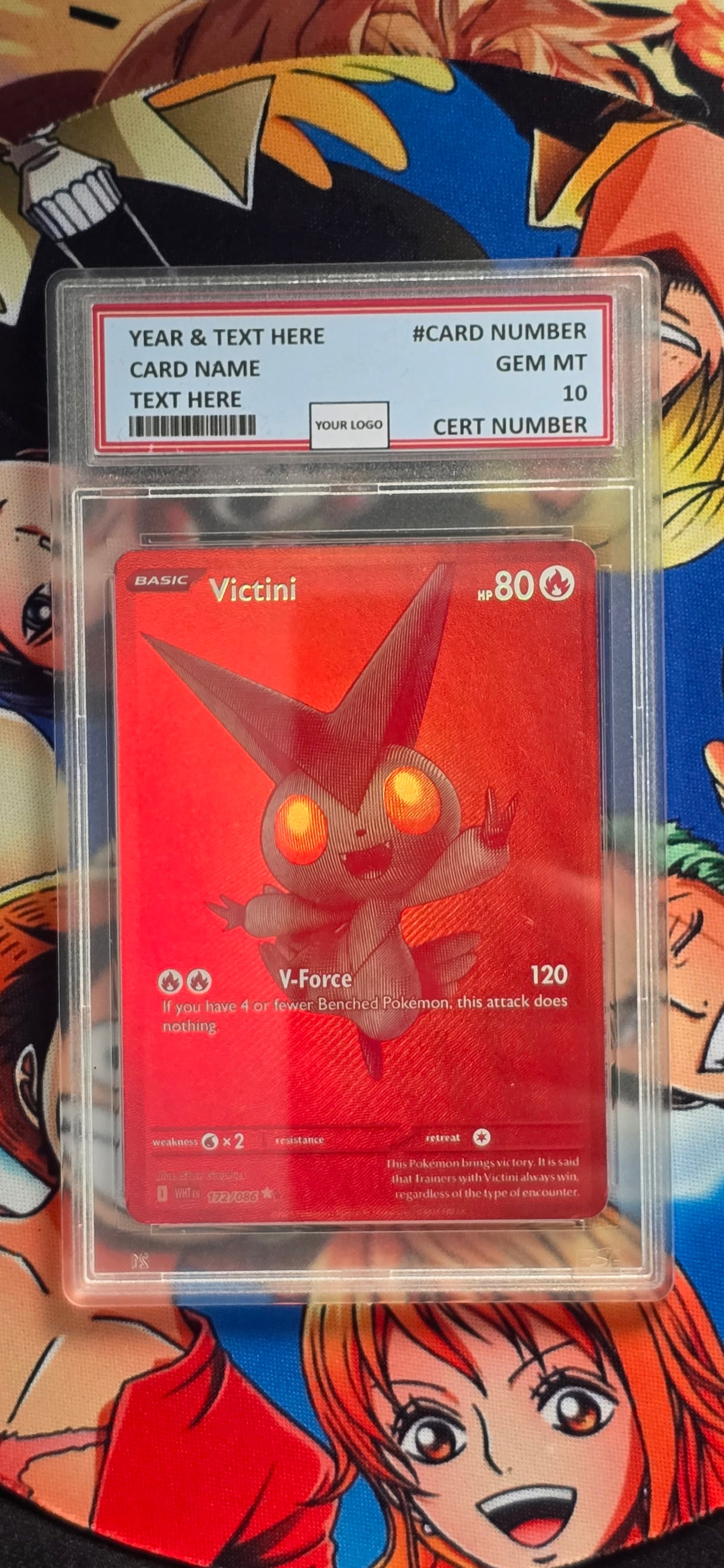 Graded PSA Style Victini 172 White Flare Pokemon Card English Premium Quality Textured Custom Made Card Proxy Slab
