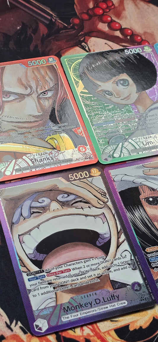 6 Card Bundle OP09 Leader Cards Shanks, Lim, Buggy, Monkey D Luffy, Nico Robin & Marshall D Teach One Piece TCG English Textured Alt Art Proxy