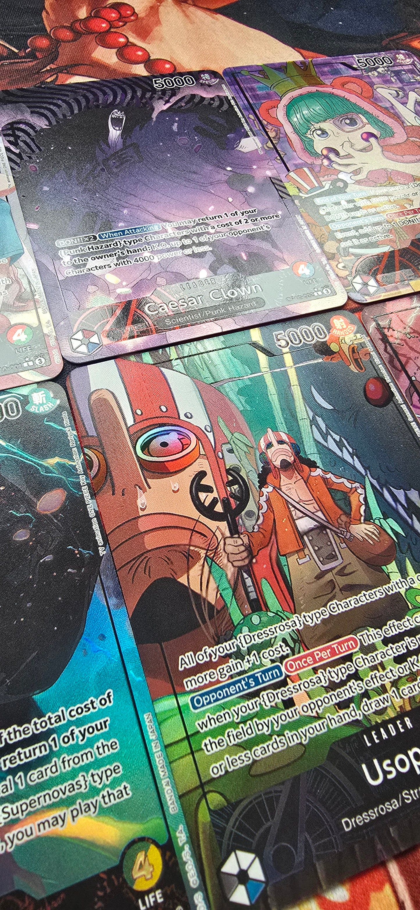 6 Card Bundle OP10 Leader Cards Smoker, Caesar Clown, Sugar, Trafalgar Law, Usopp, Eustass Kidd One Piece TCG English Textured Alt Art Proxy