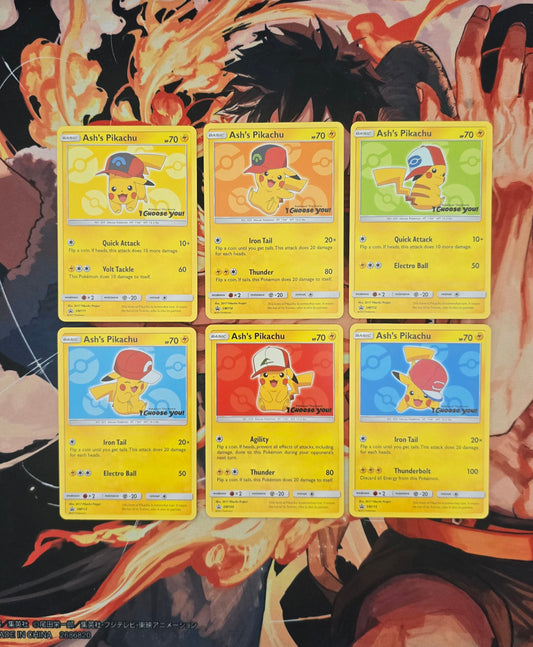 Set of six Pikachu trading cards in front of a colorful background
