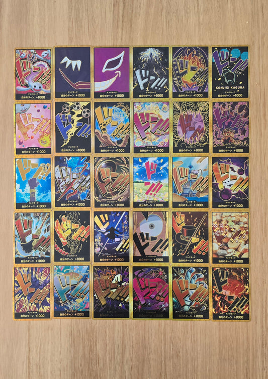 A collection of 30 Gold DON!! One Piece TCG cards displayed on a wooden surface, featuring various characters from the anime series One Piece Proxy Cards