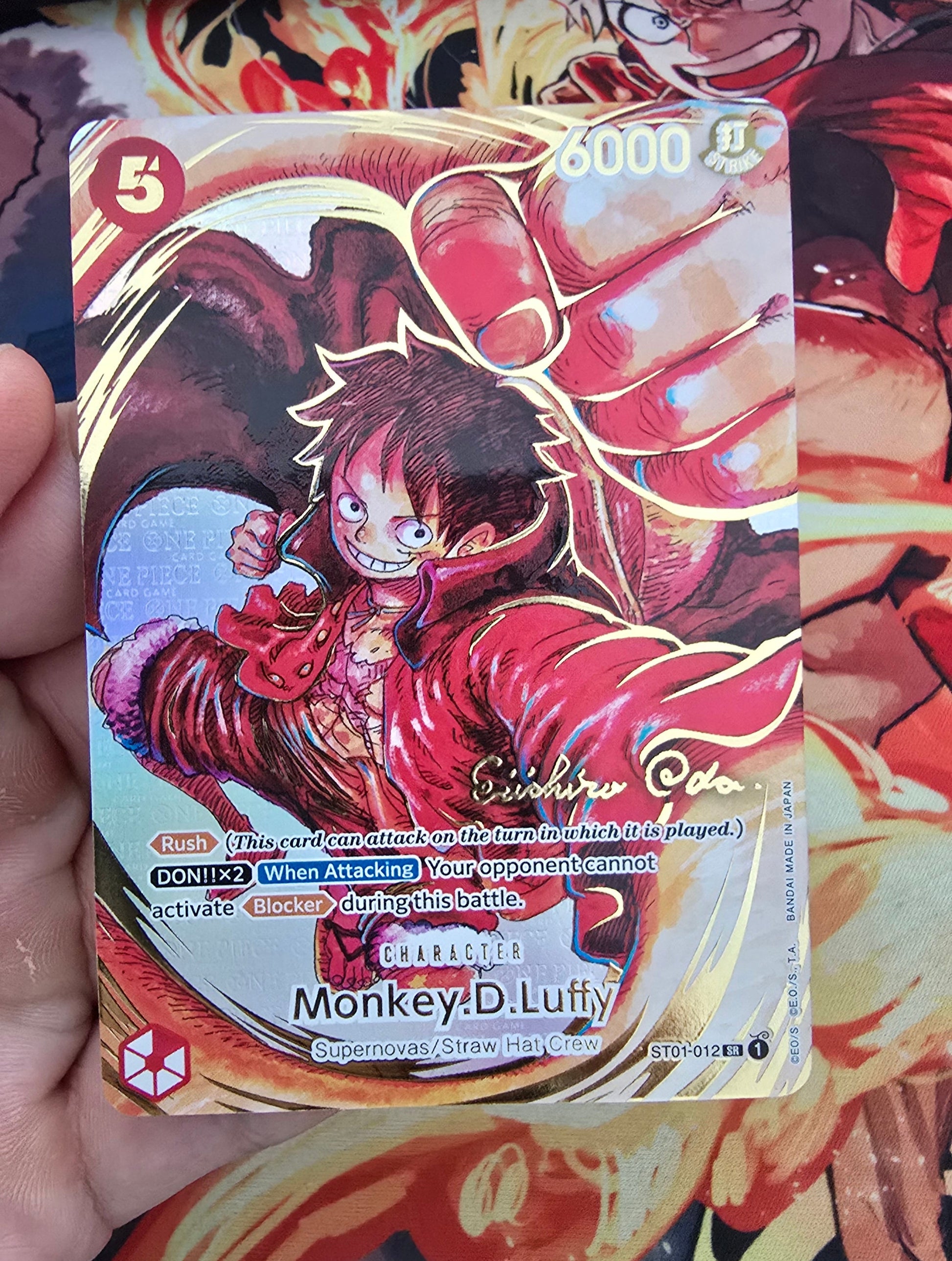 Custom Made Premium Textured English Gold Oda Signed Monkey D Luffy ST01-012 One Piece Card Game TCG Card Proxy
