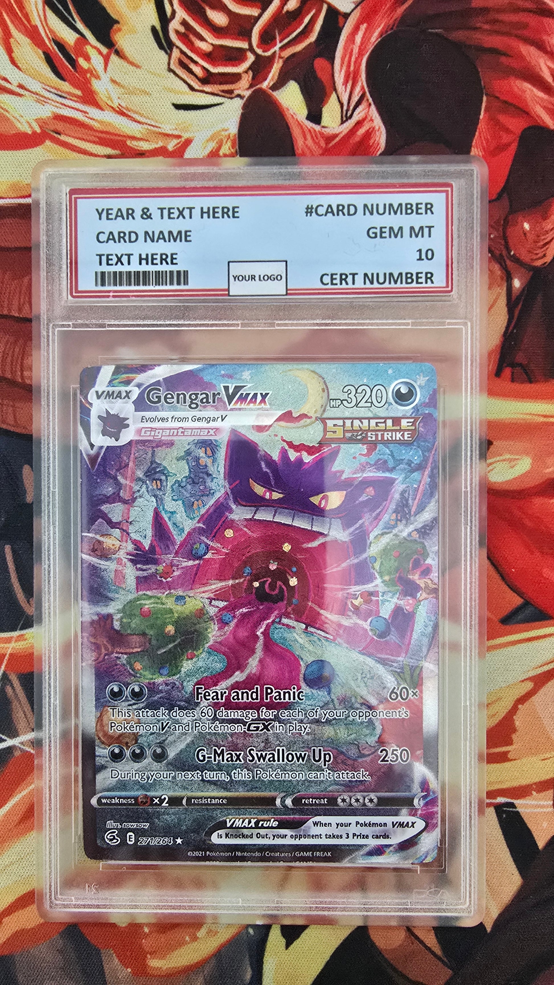Graded PSA Style Gengar VMAX Alt Art 2021 Sword & Shield Fusion Strike 271/264 SR Holo Pokemon TCG Card Proxy Slab