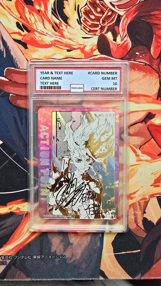 Graded PSA Style DR. STONE ACTION POINT GOLD SIGNED UNION ARENA PROXY CARD SLAB 