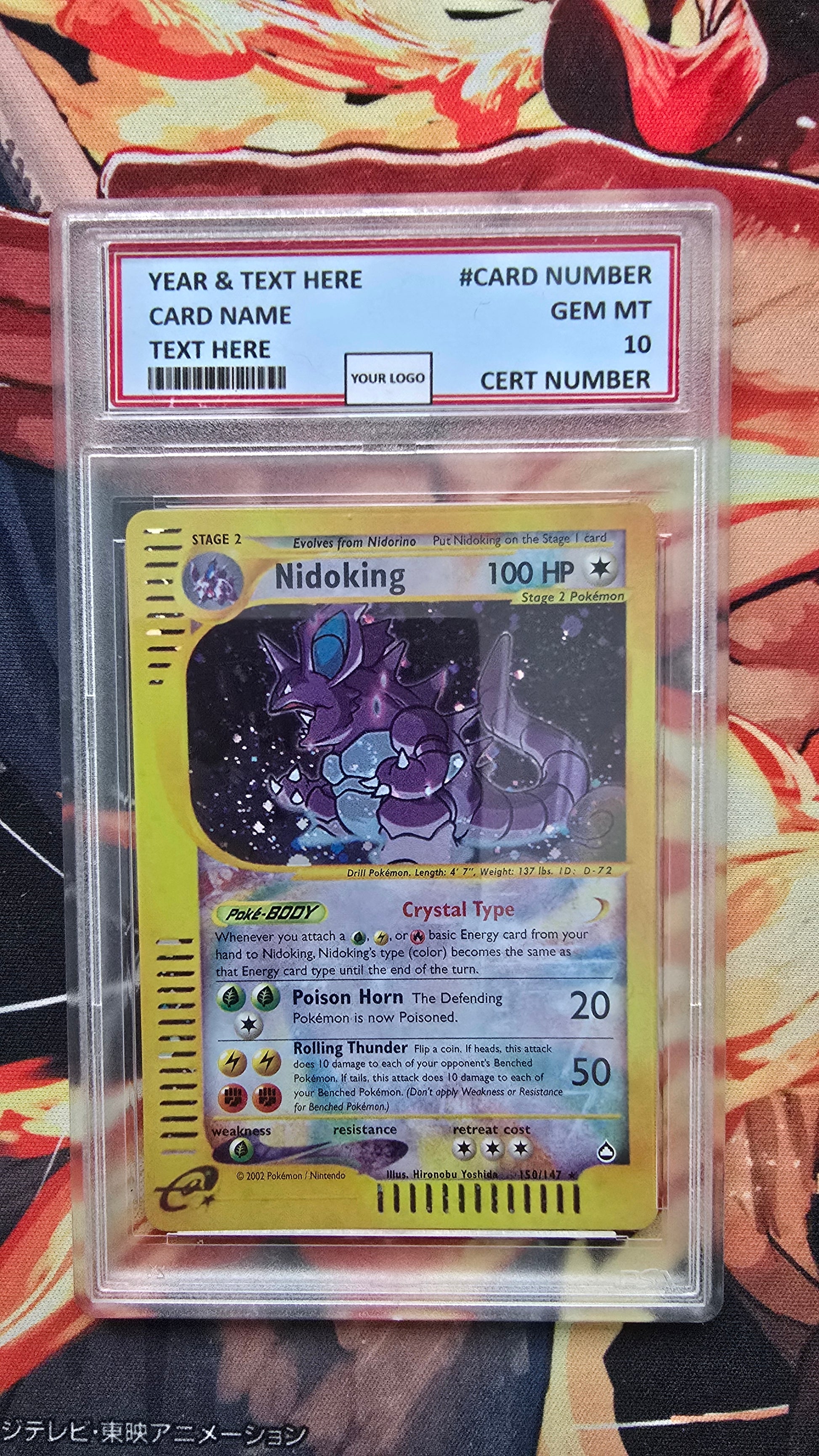 Graded PSA Style Nidoking 150/147 Aquapolis Holo Crystal Rare Pokemon Proxy Card Slab