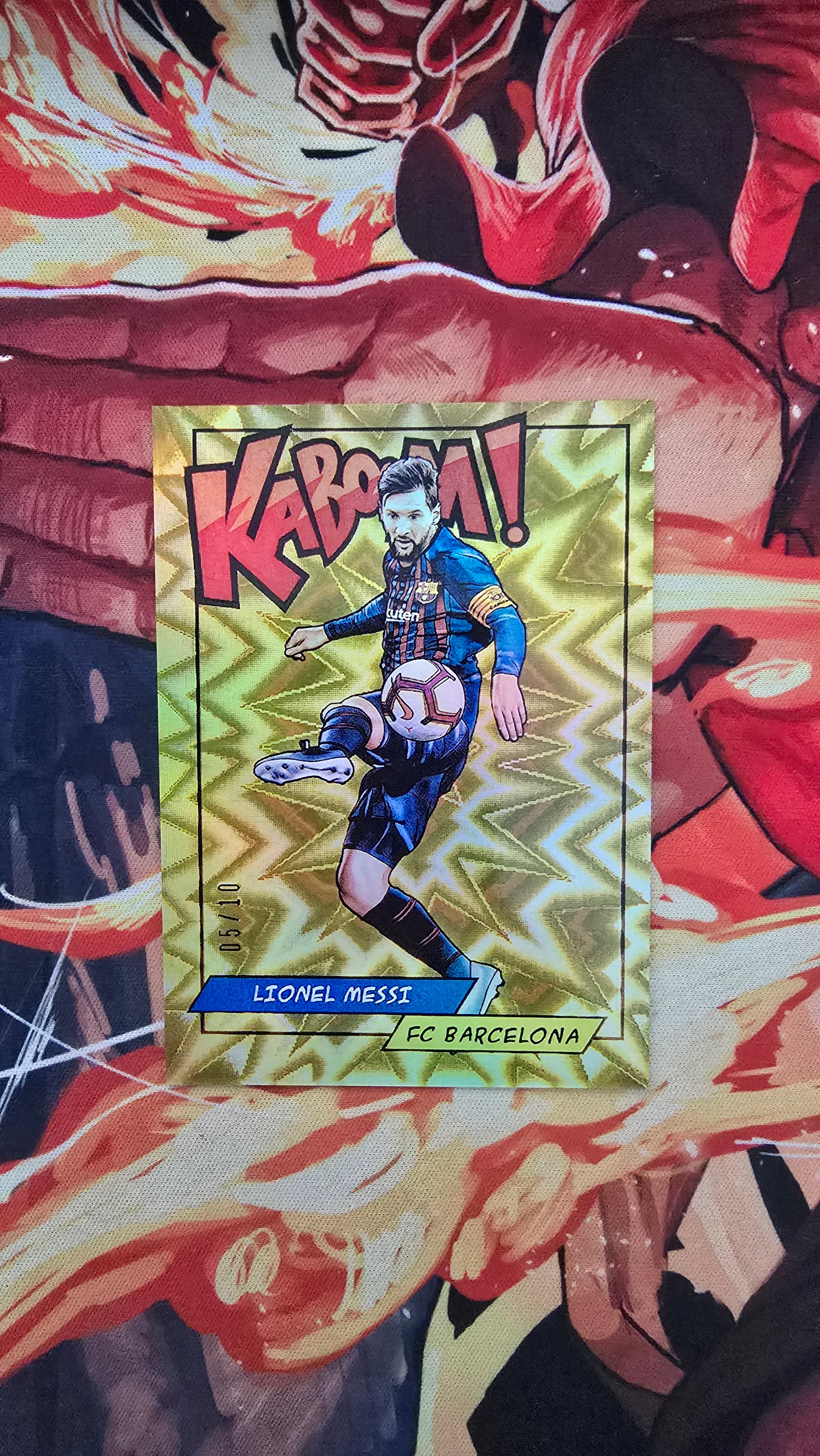 Lionel Messi 2018 Panini Kaboom! Gold Version 5/10 LM Sports Holo Card Proxy