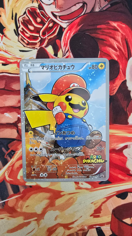 Pokémon trading card featuring Pikachu with a blue hat on a colorful background