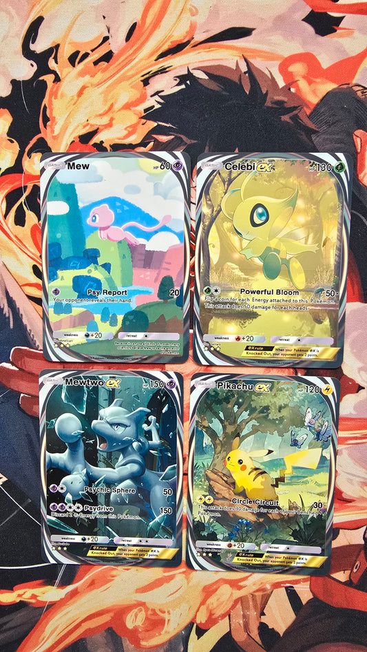 Mew, Mewtwo, Celebi & Pikachu Pokemon TCG Pocket - 3 Gold Star EX Custom Proxy Cards