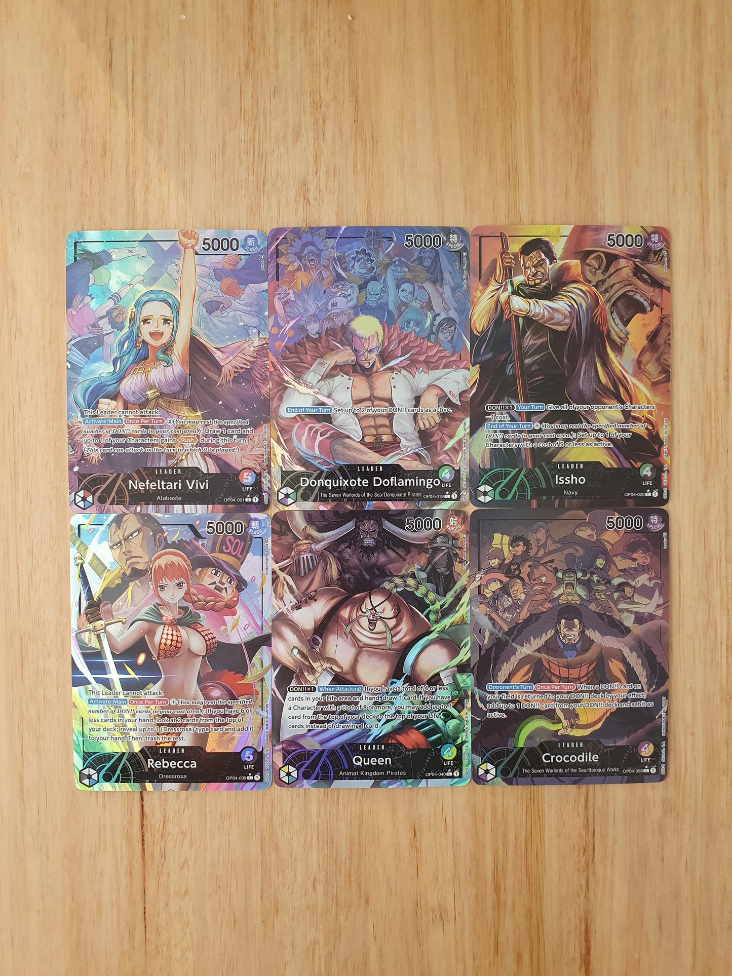 One Piece English Set 4 Leader Proxy TCG Cards Nefeltari Vivi, Donquixote Doflamingo, Issho, Rebecca, Queen, Crocodile English Textured Alt Art OP