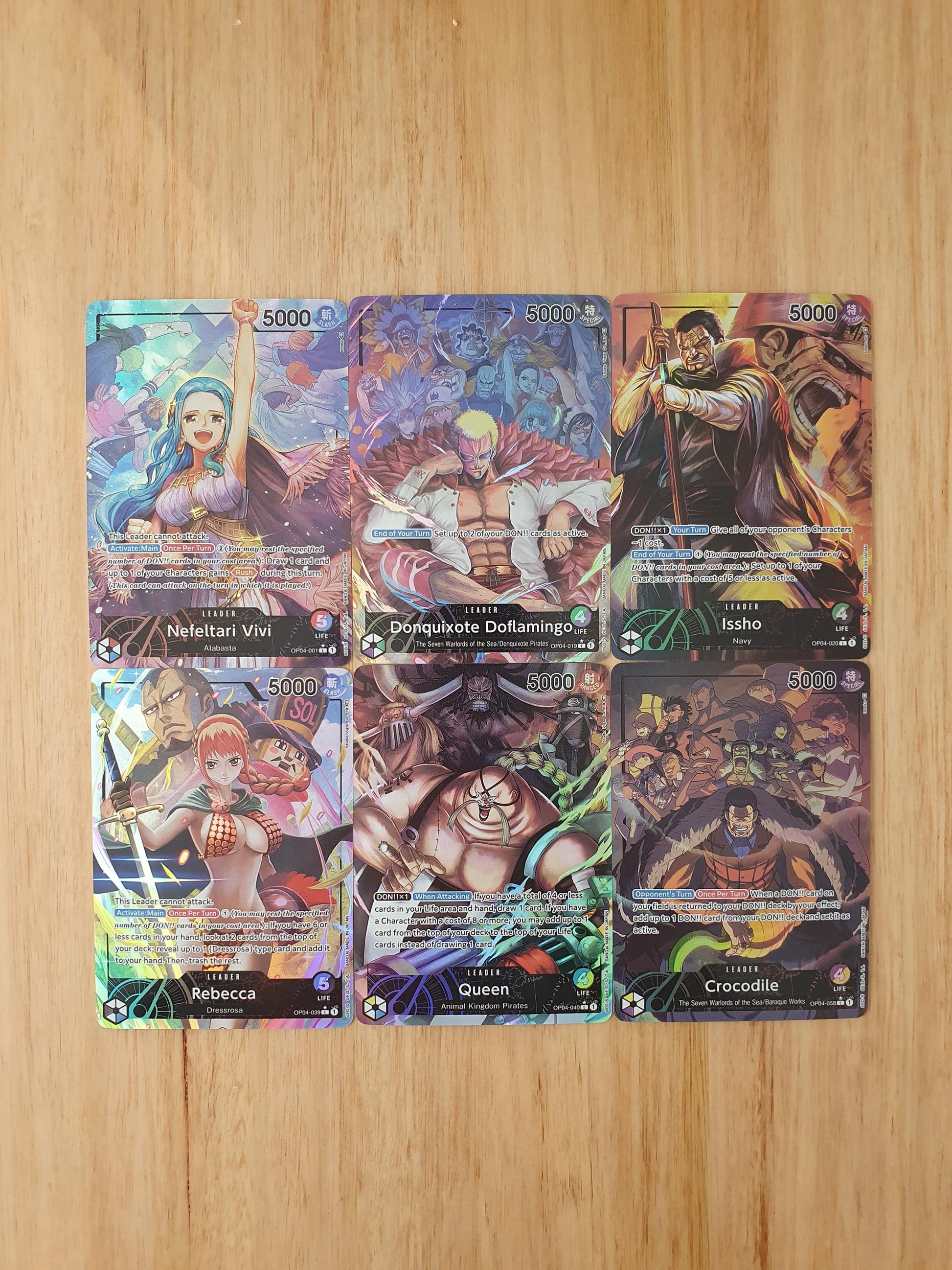 One Piece English Set 4 Leader Proxy TCG Cards Nefeltari Vivi, Donquixote Doflamingo, Issho, Rebecca, Queen, Crocodile English Textured Alt Art OP