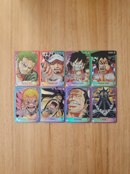 A collection of 8 custom-made proxy trading cards featuring characters from the anime One Piece, laid out on a wooden surface.