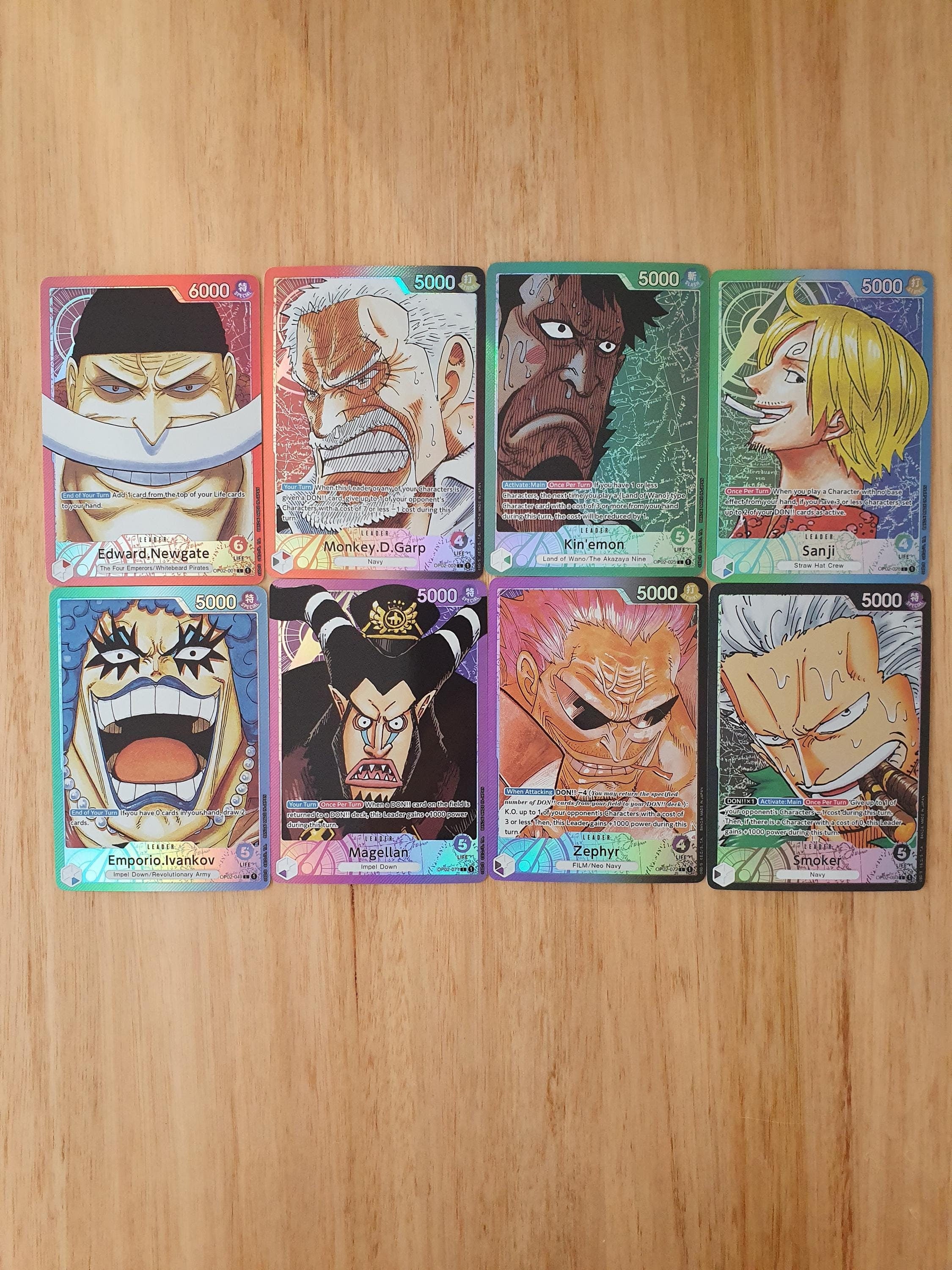 8 Card Bundle OP02 Leader Cards Whitebeard, Monkey D Garp, Kinemon