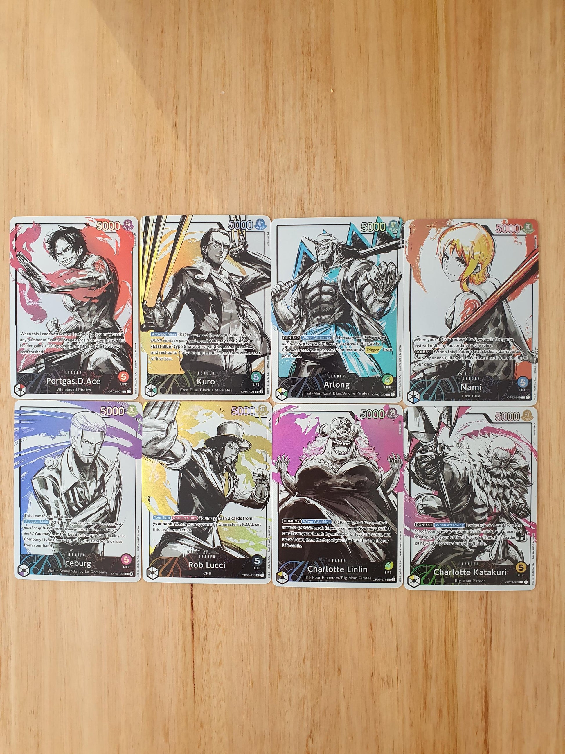 8 Card Bundle OP03 Leader Cards Portgas D Ace, Charlotte Katakuri, Nam OP Proxies TCG 8 Card Bundle OP03 Leader Cards Portgas D Ace, Charlotte Katakuri, Nam OP Proxies TCG