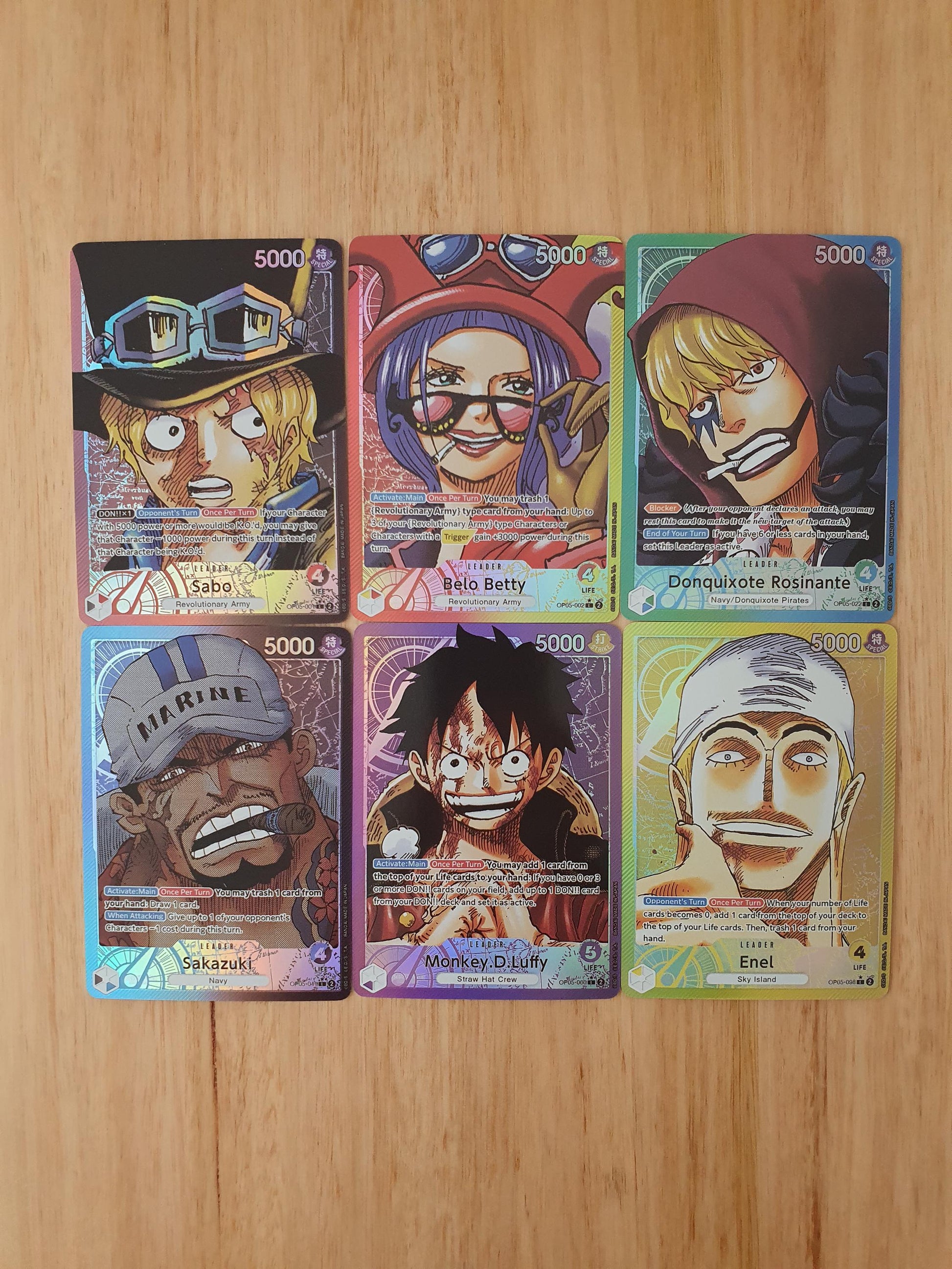 One Piece English Set 5 Leader Proxy TCG Cards Sabo, Belo Betty, Rosinante, Sakazuki, Luffy, Enel English Textured Alt Art OP