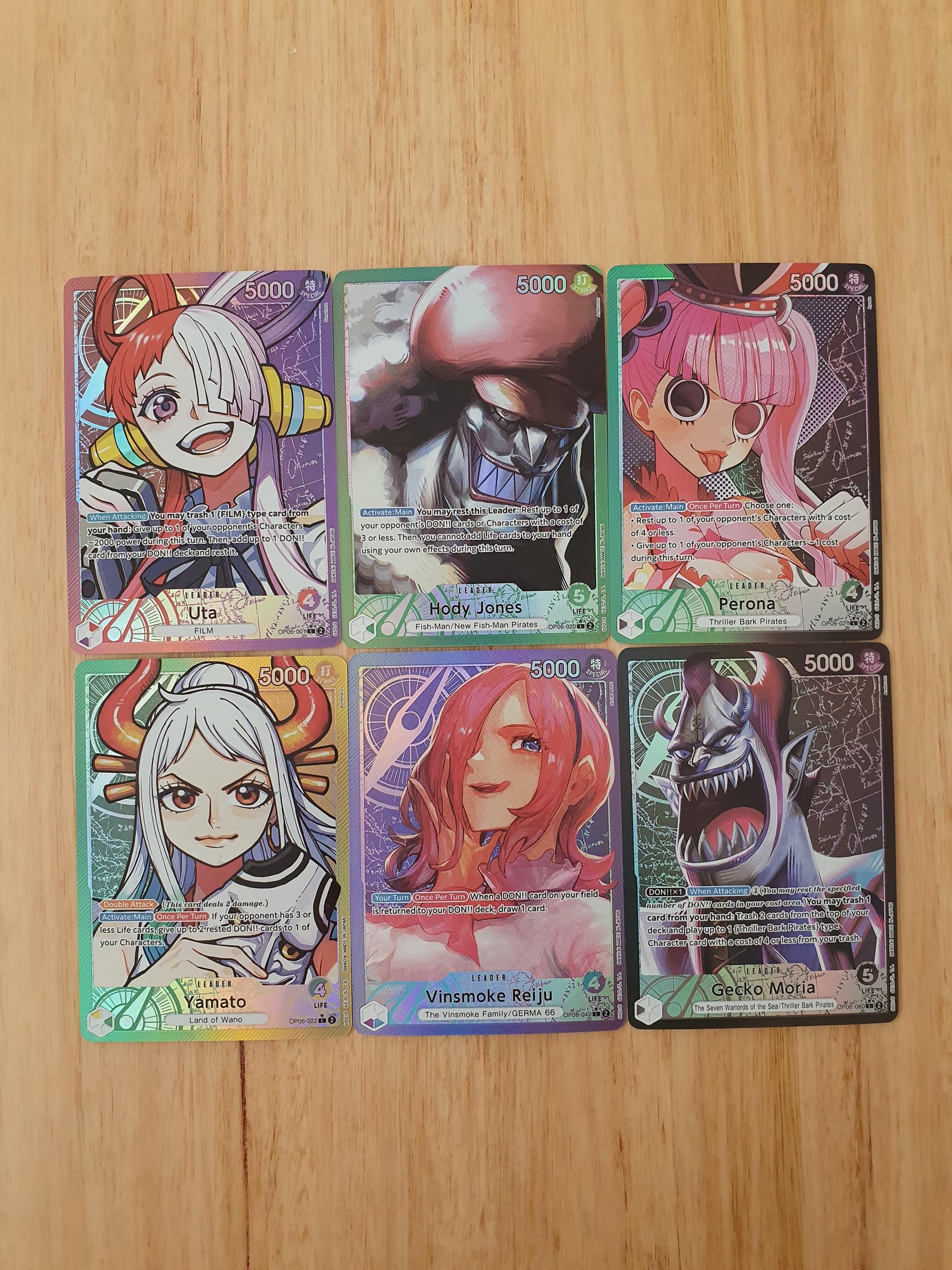 One Piece English Set 6 Leader Proxy TCG Cards Uta, Hody Jones, Perona, Yamato, Vinsmoke Reiju, Gecko Moria English Textured Alt Art OP