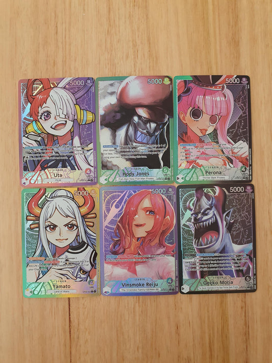One Piece English Set 6 Leader Proxy TCG Cards Uta, Hody Jones, Perona, Yamato, Vinsmoke Reiju, Gecko Moria English Textured Alt Art OP
