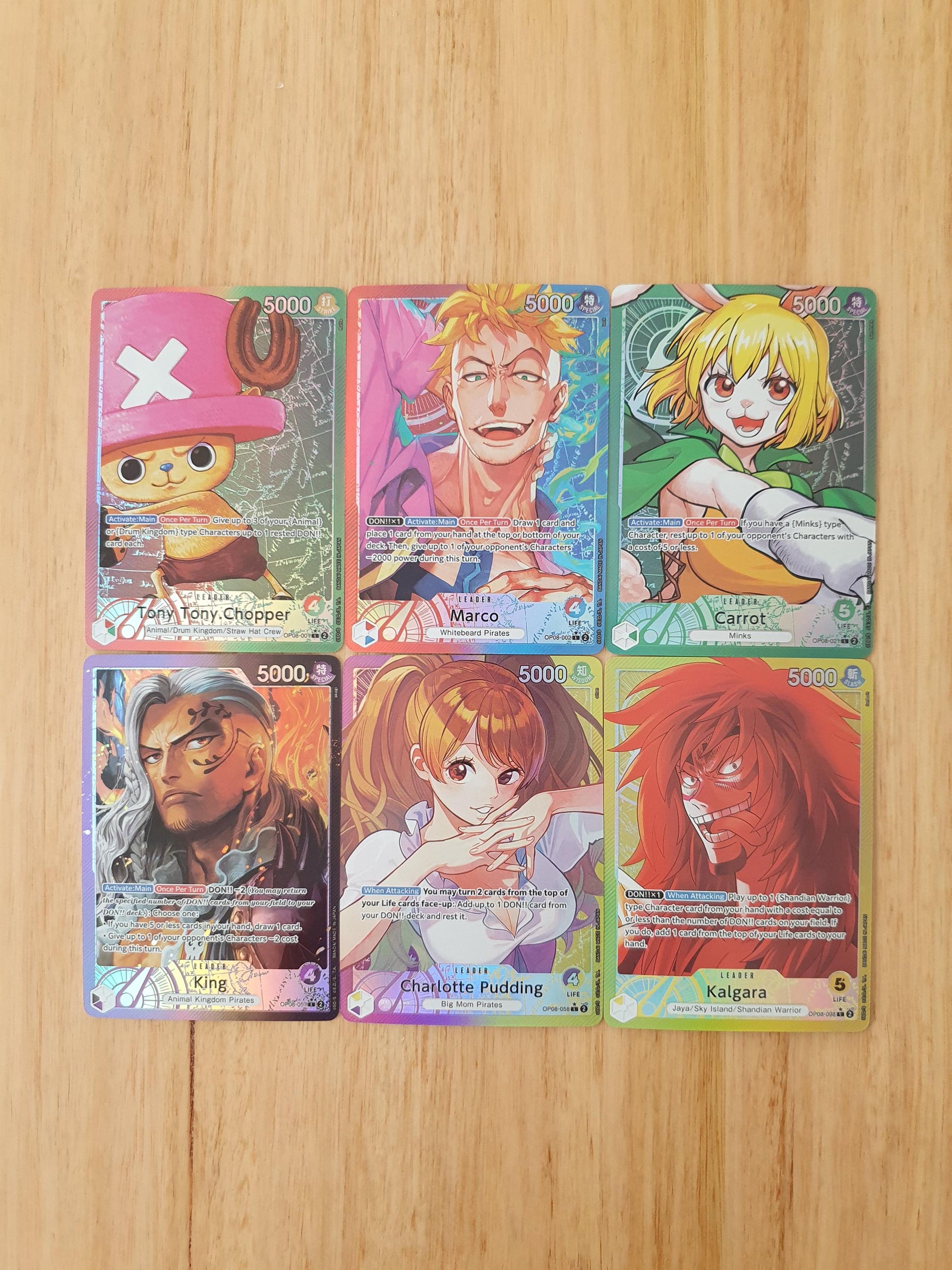 One Piece English Set 8 Leader Proxy TCG Cards Tony Chopper, Marco, Carrot, King, Charlotte Pudding, Kalgara English Textured Alt Art OP