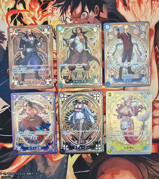 Collection of trading cards featuring animated characters on a colorful background.