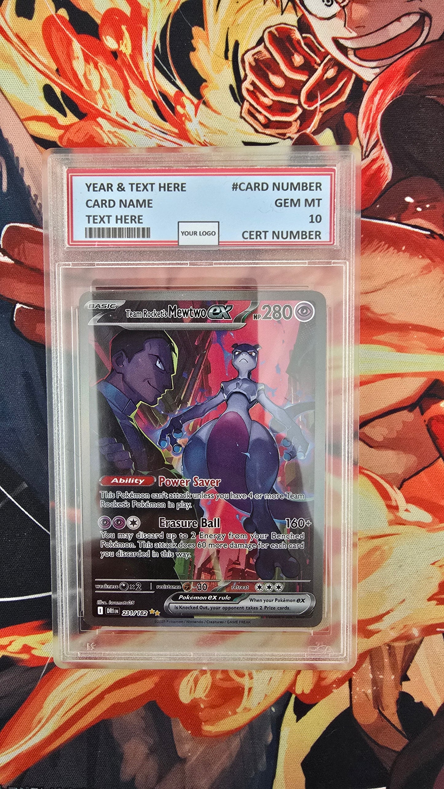 Graded PSA Style Team Rocket's Mewtwo ex 231/182 Sv10 Pokemon Card Destined Rivals SIR Proxy Card