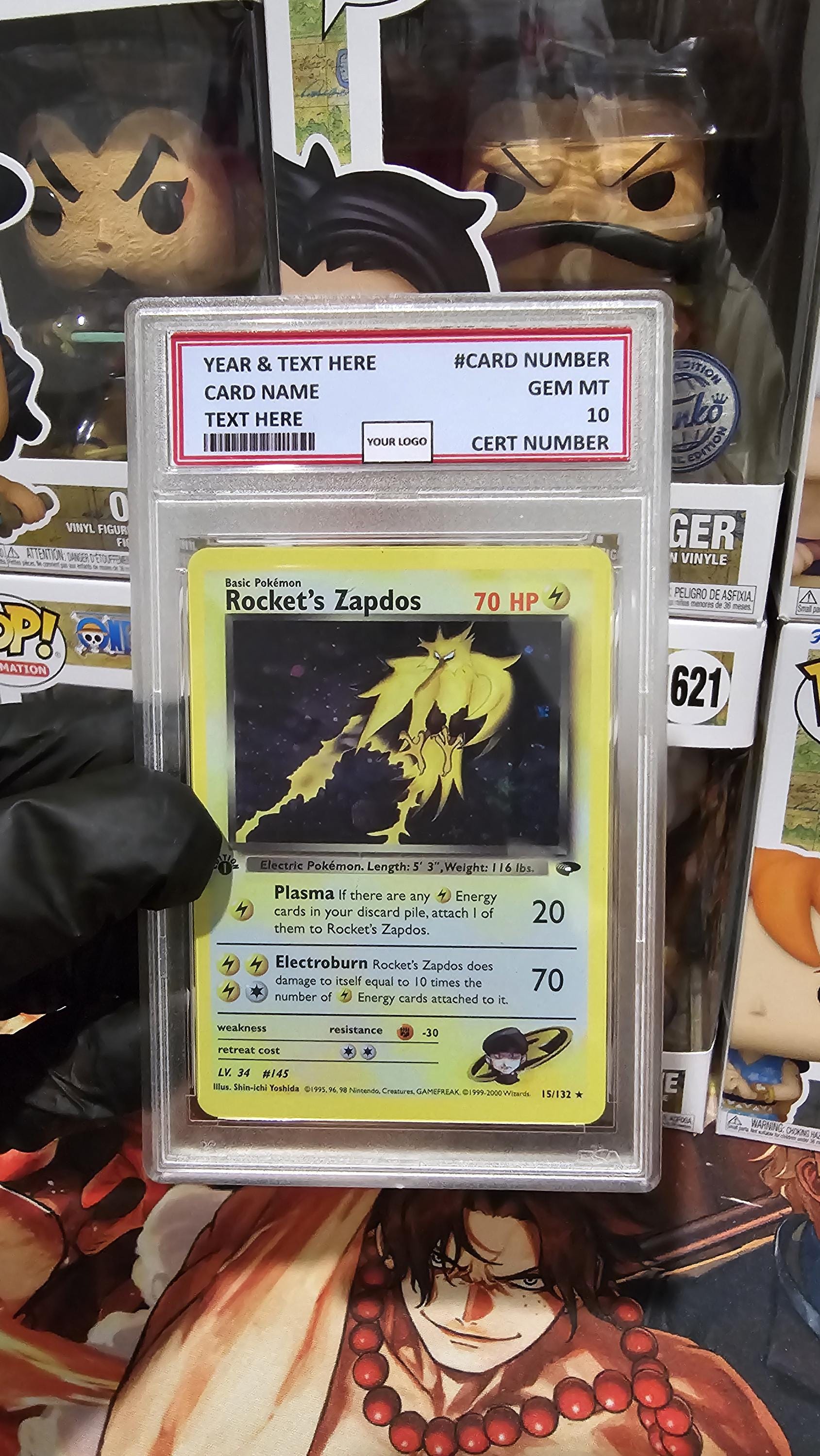 v3 PROXY Gem Mint 10 PSA-2000 Rocket's Zapdos 15/132 1st Edition Gym Challenge Holo Rare Pokemon Tcg Graded Slab