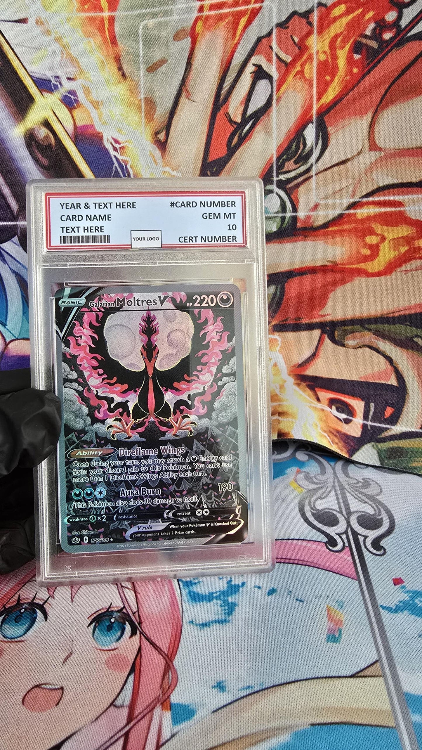 v3 PROXY Gem Mint 10 PSA-2021 Galarian Moltres V Chilling Reign 177/198 Tcg Graded Slab Sword and Shield Swsh Fa