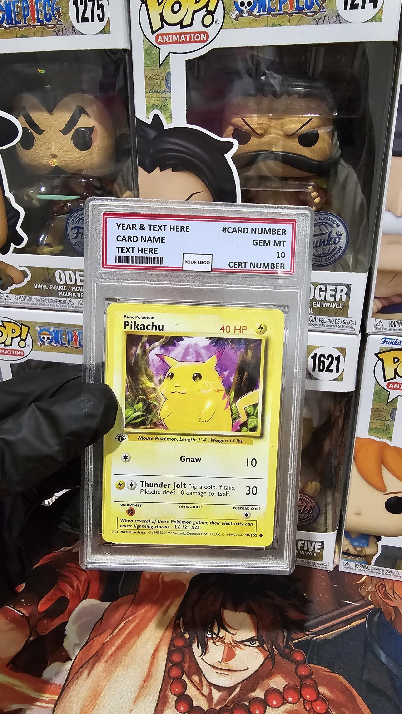 v3 PROXY Gem Mint 10 PSA-1999 1st Edition Pikachu Red Cheeks 58/102 Base Set Pokemon Game Tcg Graded Slab