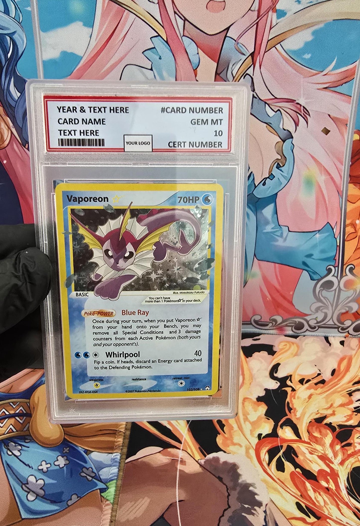 v3 PROXY Gem Mint 10 PSA-2007 Vaporeon Gold Star 102/108 Ex Power Keepers Tcg Graded Slab Full Art Alt Pokemon Holo Rare