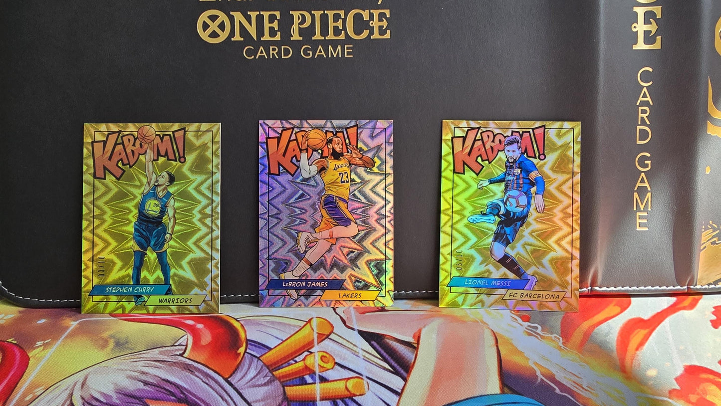 PROXY 2018 KABOOM! Gold Lionel Messi, Gold Stephen Curry & Silver LeBron James Sports Card Football Basketball Warriors Lakers Barcelona FC