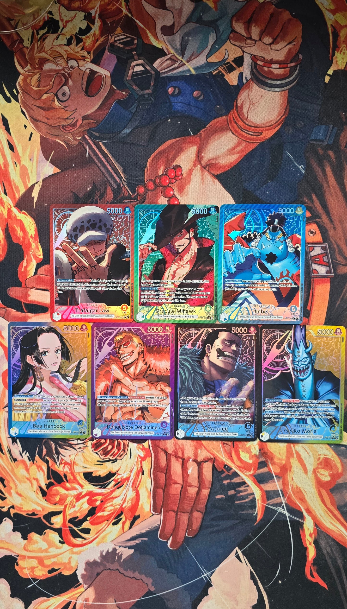 7 Card Bundle OP14 Leader Cards Trafalgar Law, Dracule Mihawk,  Jinbe, Boa Hancock, Donquixote Doflamingo, Crocodile, Gecko Moria Textured Alt Art One Piece TCG English Proxy Cards