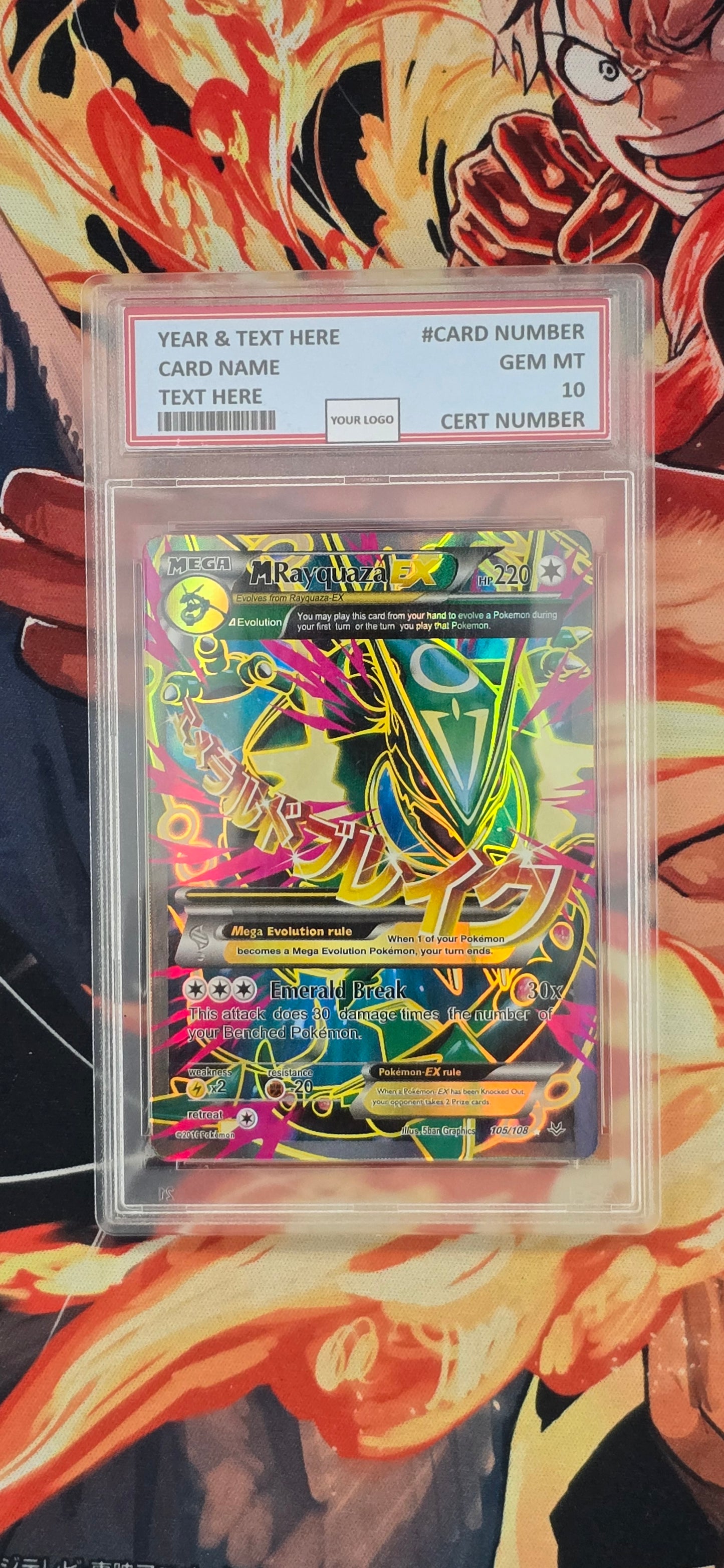 Graded PSA Style Mega Rayquaza EX Full Art 105/108 Roaring Skies Holo Pokemon Proxy Card Slab