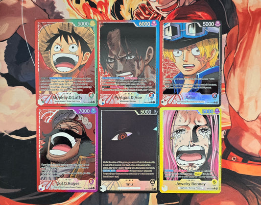 6 Card Leader Bundle: Imu, Gol D Roger, Jewerly Bonney, Monkey D Luffy, Sabo, Portgas D Ace OP13 Textured Holo Alt Art One Piece TCG English Proxy Card