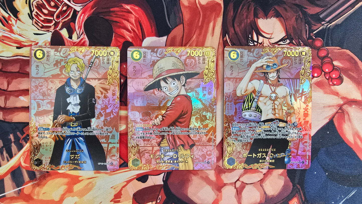3 Card Bundle: OP13 Red Manga Luffy, Ace & Sabo One Piece Premium Quality Textured Proxy Custom Made Card Japanese