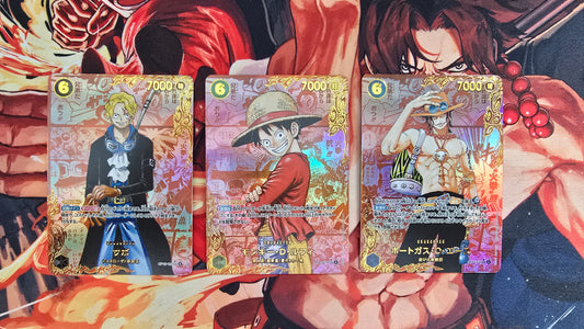 3 Card Bundle: OP13 Red Manga Luffy, Ace & Sabo One Piece Premium Quality Textured Proxy Custom Made Card Japanese