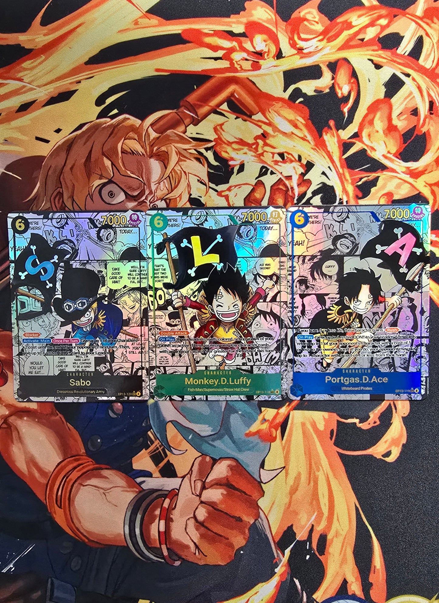 3 Card Bundle: Luffy Ace & Sabo Manga OP13 One Piece Premium Quality Textured Proxy Custom Made Card