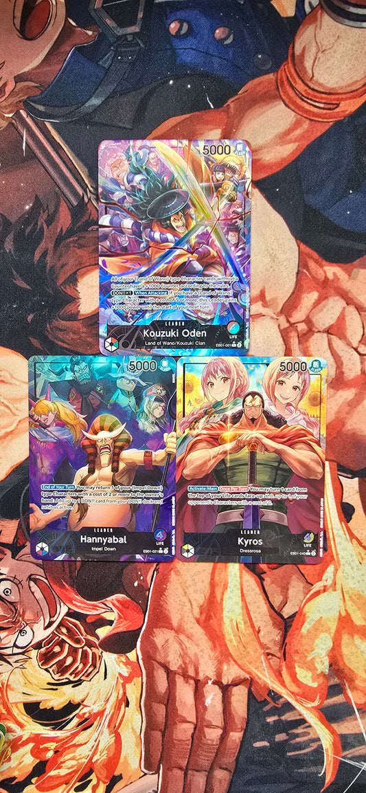 3 Card Bundle EB01 Leader Cards Kozuki Oden, Hannyabal, Kyros One Piece TCG English Textured Alt Art Proxy