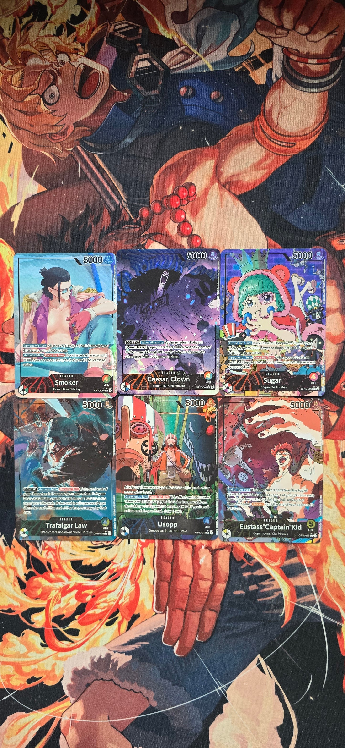 6 Card Bundle OP10 Leader Cards Smoker, Caesar Clown, Sugar, Trafalgar Law, Usopp, Eustass Kidd One Piece TCG English Textured Alt Art Proxy