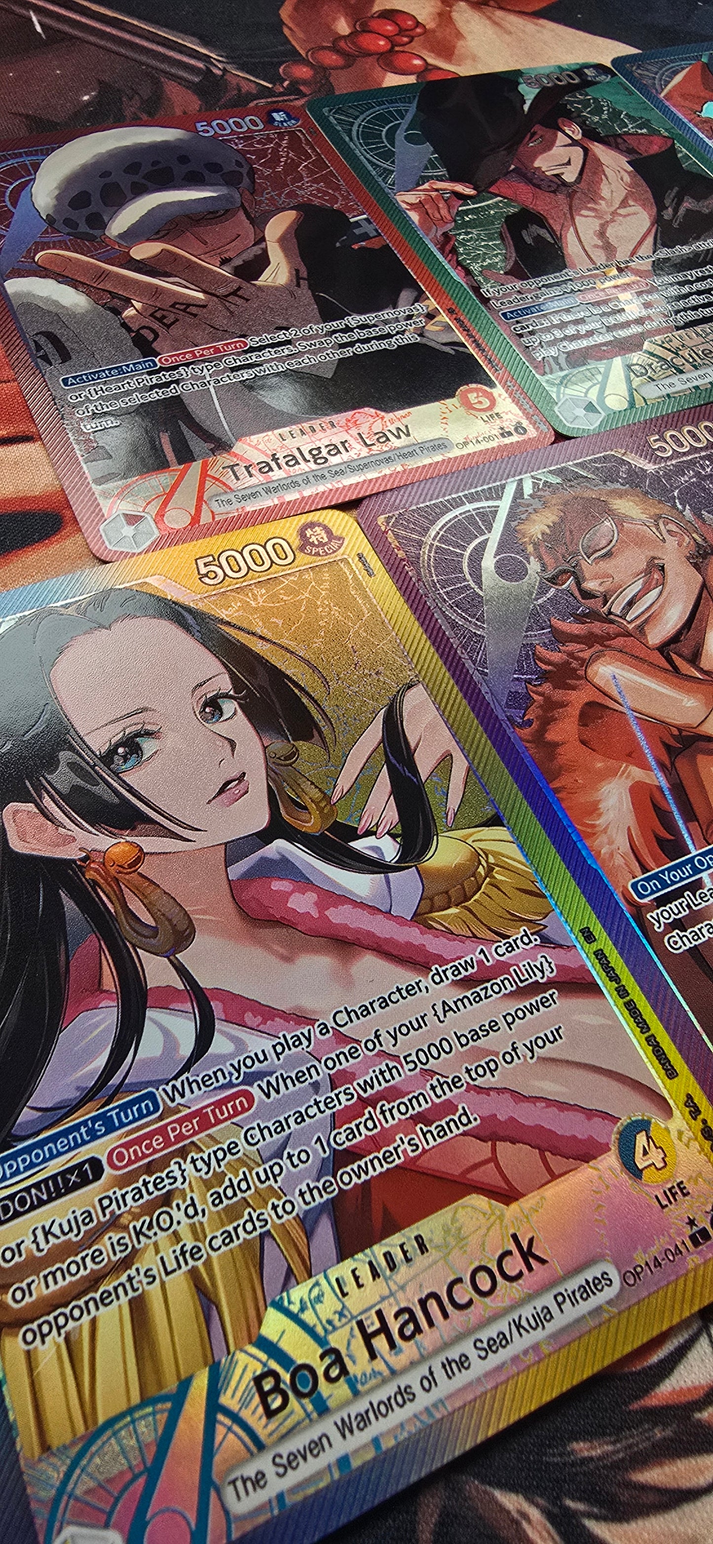 7 Card Bundle OP14 Leader Cards Trafalgar Law, Dracule Mihawk,  Jinbe, Boa Hancock, Donquixote Doflamingo, Crocodile, Gecko Moria Textured Alt Art One Piece TCG English Proxy Cards