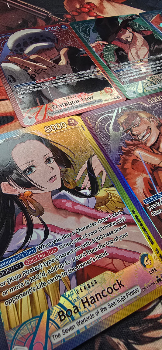 7 Card Bundle OP14 Leader Cards Trafalgar Law, Dracule Mihawk,  Jinbe, Boa Hancock, Donquixote Doflamingo, Crocodile, Gecko Moria Textured Alt Art One Piece TCG English Proxy Cards