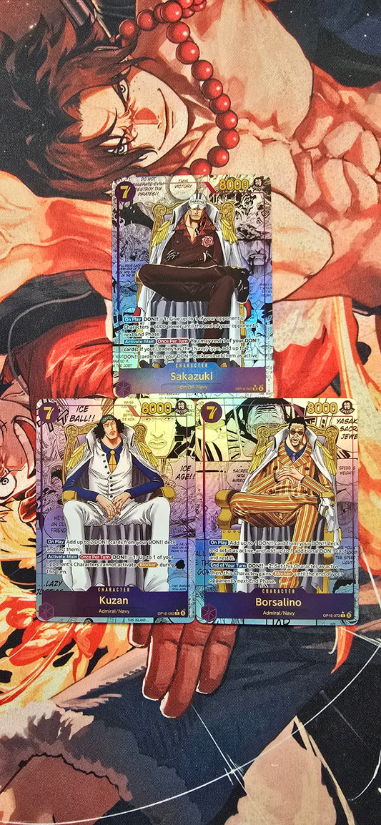 SPECIAL 3 CARD DEAL: OP16 Manga Cards: Kuzan, Sakazuki & Borsalino One Piece Textured Proxy Cards