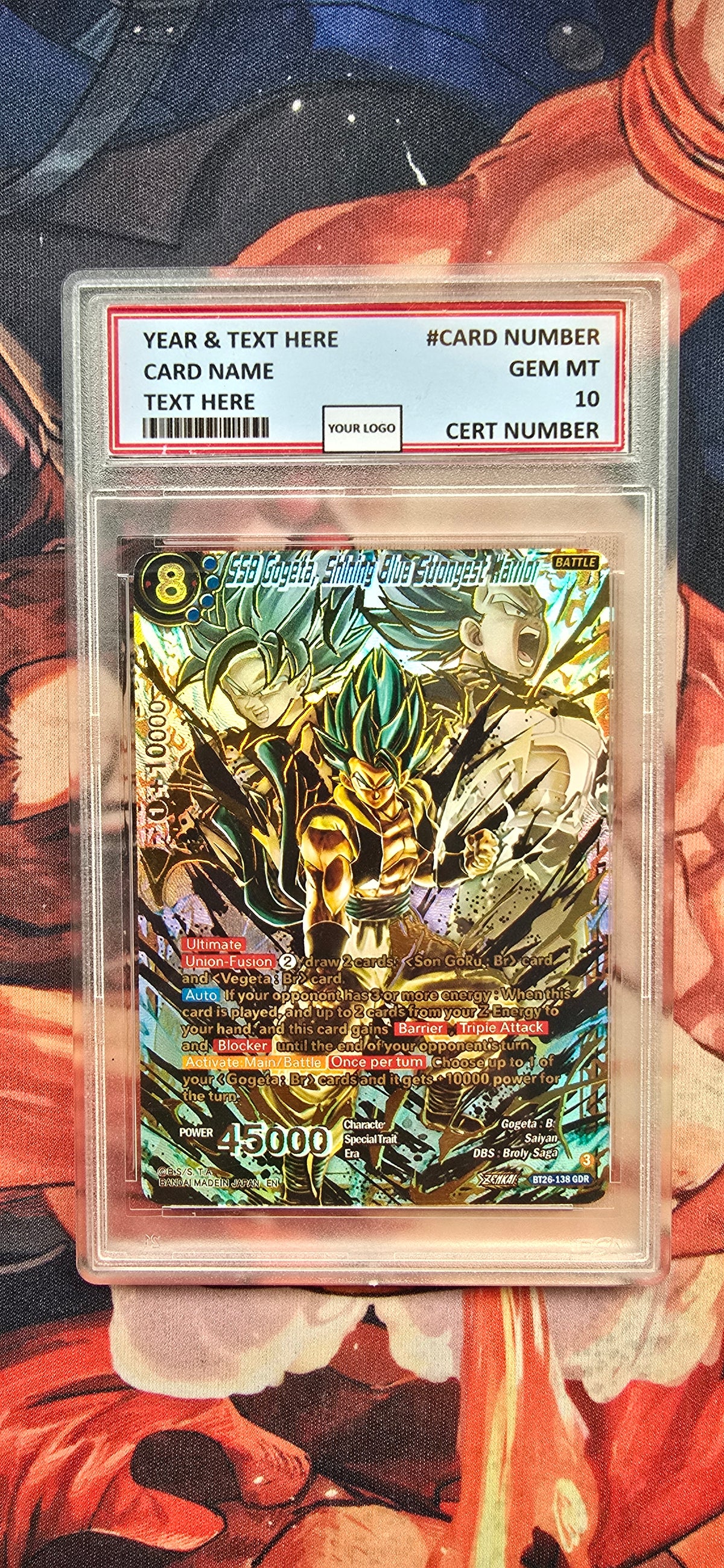 Graded PSA Style SSB Gogeta, Shining Blue Strongest Warrior GDR Ultimate Advent BT26 Dragon Ball Super Proxy Slab