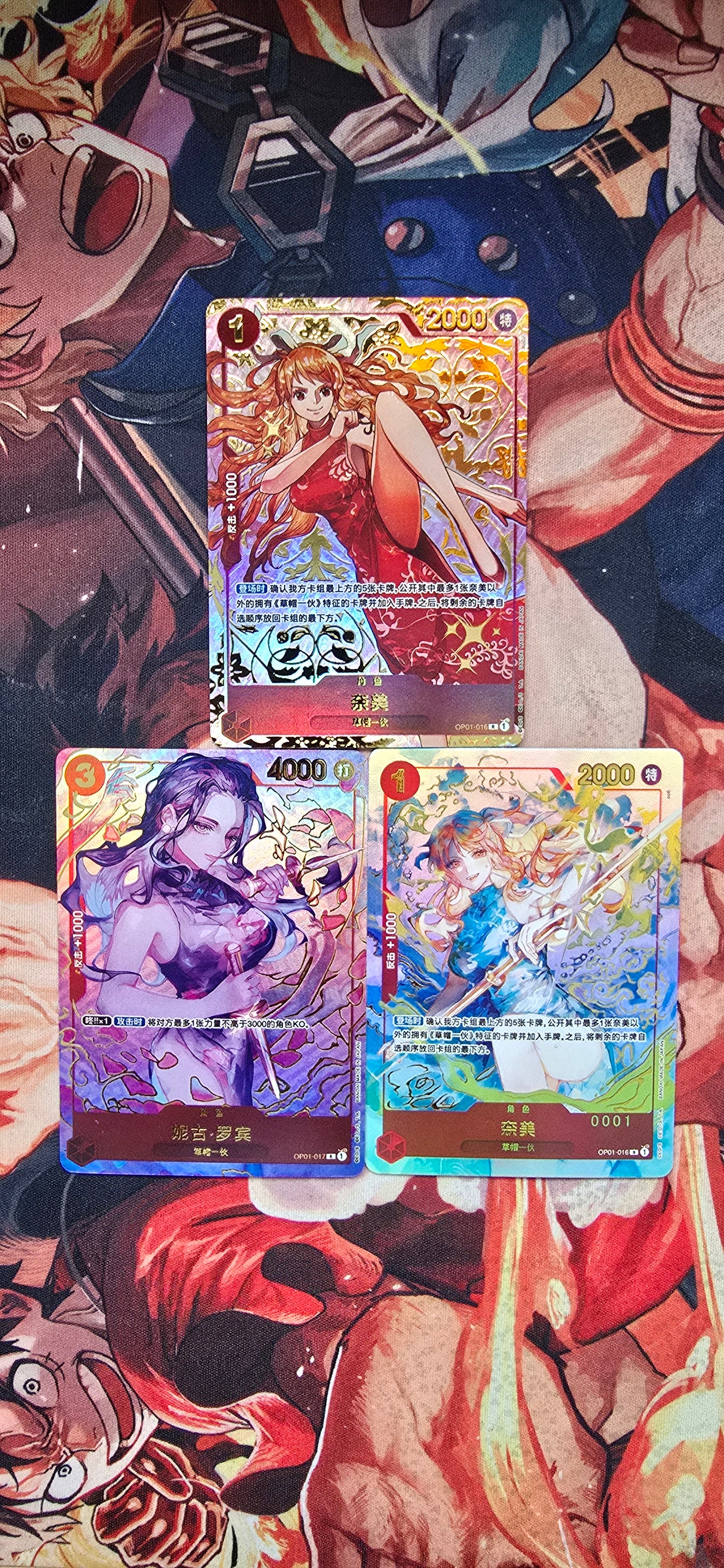Chinese 1st Anniversary Nami Blue, Nami Red & Robin Alt Art Exclusive One Piece TCG Textured Premium Custom Made Proxy