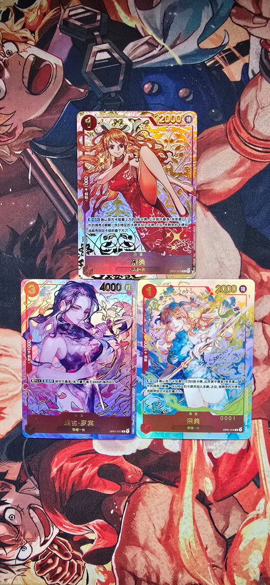 Chinese 1st Anniversary Nami Blue, Nami Red & Robin Alt Art Exclusive One Piece TCG Textured Premium Custom Made Proxy