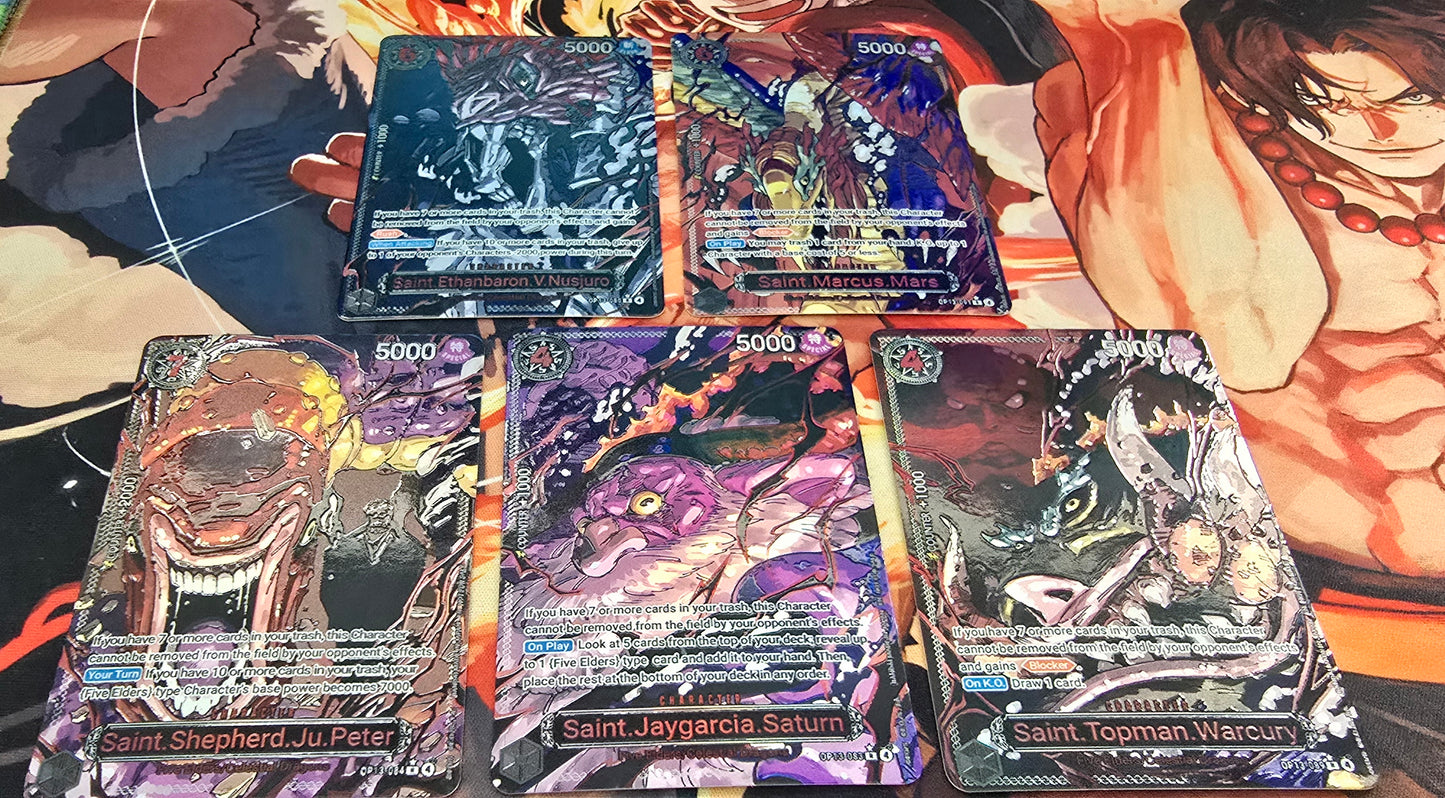 5 Card Bundle: OP13 The Five Elders Gorosei Awakening Yokai Forms Alt Art One Piece Premium Quality Textured Proxy Custom Made Cards