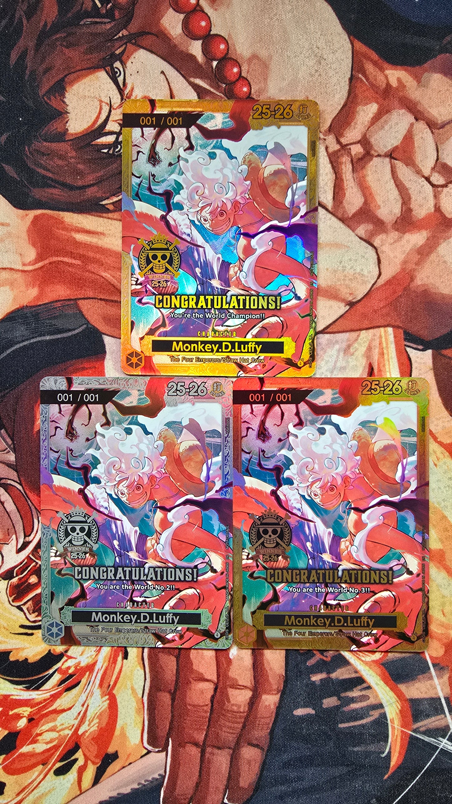 3 Card Bundle - 1st 2nd & 3rd Place Monkey D Luffy 2025-2026 World Championship One Piece Card Game Textured Flagship Proxy