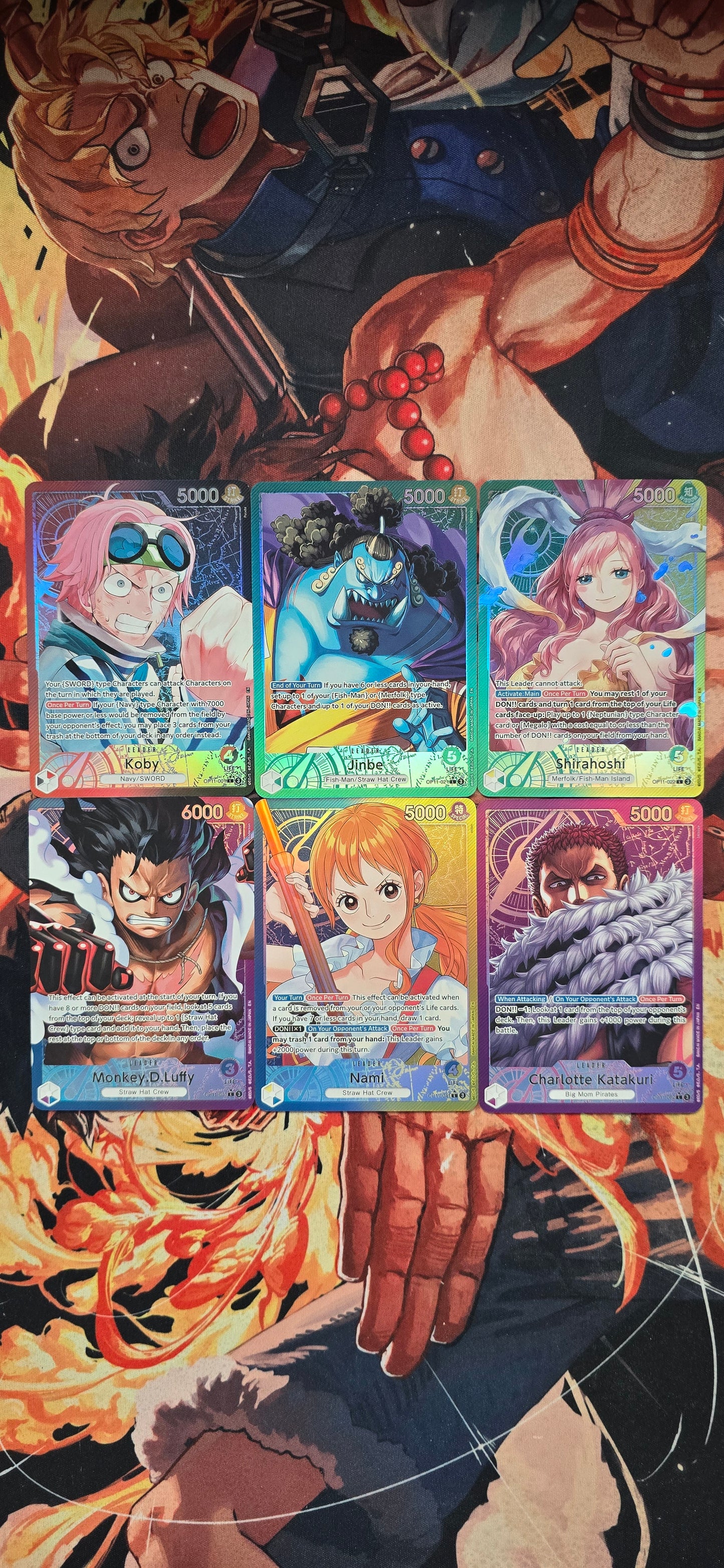6 Card Bundle OP11 Leader Cards Monkey D Luffy, Nami, Koby, Katakuri, Shirahoshi, Jinbe Textured Alt Art One Piece TCG English Proxy Cards