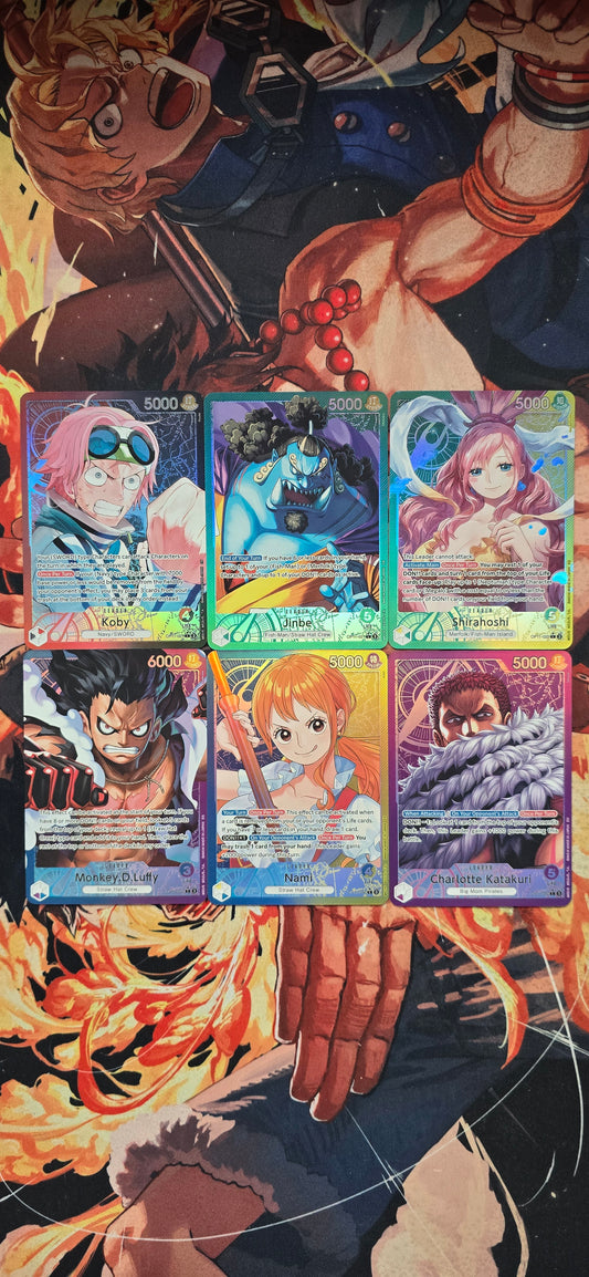 6 Card Bundle OP11 Leader Cards Monkey D Luffy, Nami, Koby, Katakuri, Shirahoshi, Jinbe Textured Alt Art One Piece TCG English Proxy Cards